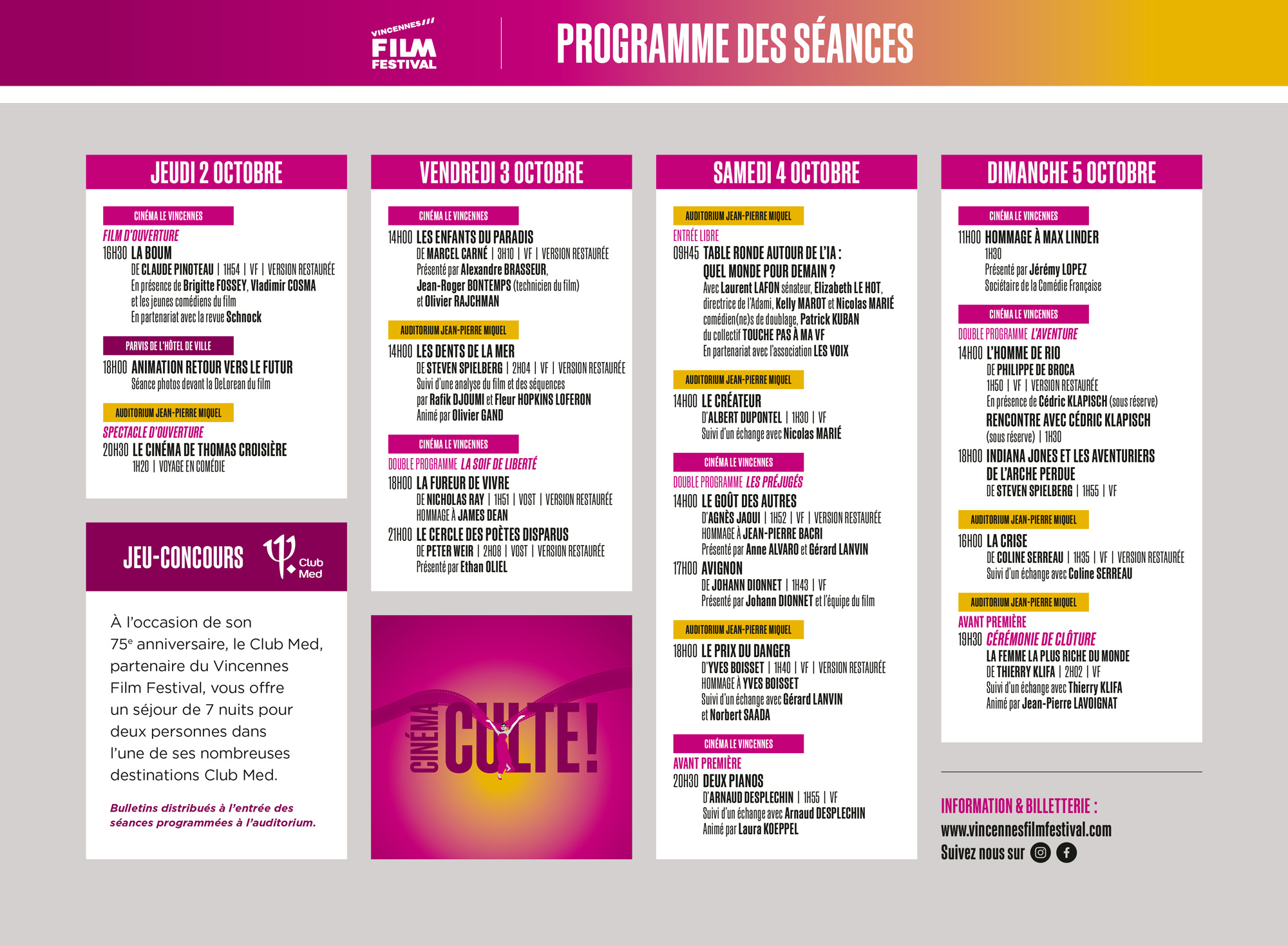 Programme des séances Vincennes Film Festival